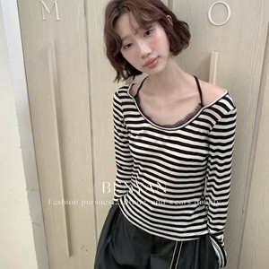 u28903トップス レディース カットソー Tシャツ ボーダー レース フレンチ 長袖 2025夏秋新作