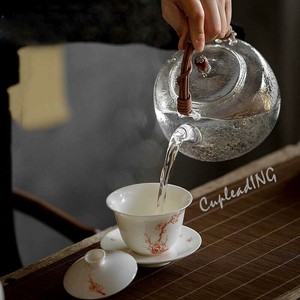 人気上昇 INSスタイル 耐熱ガラス製煮茶・沸騰器 天然籐編みデザイン提梁壺 茶道 電磁調理器対応