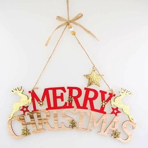 ウッドメリークリスマスタイトルハンギング ゴールドトナカイ