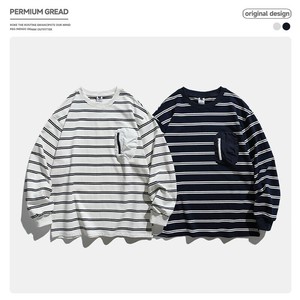 P22479 日系 メンズ トッブス 長袖 2025秋冬新作 Tシャツ  ストライプ ポケットパーカー