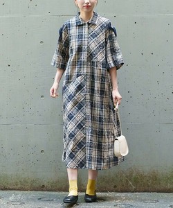 【2025秋冬新作】袖ギャザーリボンフラワー刺繍チェックシャツワンピース レディース