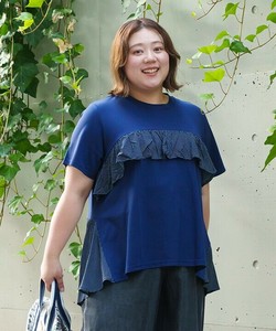 【2025春夏新作】胸元フリルドット柄半袖プルーバー 接触冷感 大きいサイズ レディース