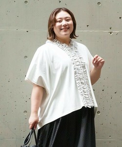 【2025春夏新作】衿フリルドット柄半袖カットソーカーディガン 接触冷感 大きいサイズ レディース