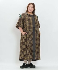 【2025秋冬新作】袖ギャザーリボン花刺繍チェックシャツワンピース ロング丈 大きいサイズ レディース