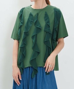 【2025春夏新作】フロントシフォンフリル半袖Tシャツ 接触冷感 大きいサイズ レディース