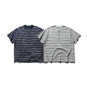 P22923 メンズ ゆったり ヘンリーネック Tシャツ 2025夏新作 ストライプ ルーズシルエット 短袖