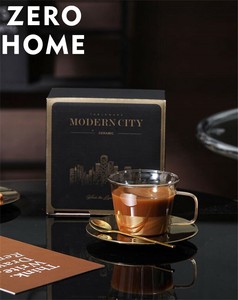耐熱ガラスコーヒーカップ＆陶器皿セット 3点セット（スプーン付）ラテ・紅茶・水筒兼用