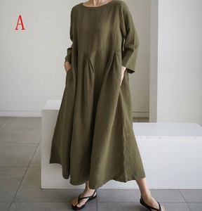 ワンピース 長袖  綿麻  ラウンドネック  ゆったり  無地  快適 レディース ファッション  DYLA922