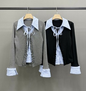 【2025秋冬新作】シャツ重ね着風フリルニットカーディガン