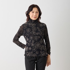 T-shirt Floral Pattern High-Neck Flocking Finish Cut-and-sew 10-colors
