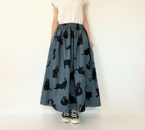 【handmade】Blackcats　long skirt　100cotton  with pocket　BlueGray