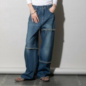 【2025年　晩夏　秋物　新作　ランダム切り替えワイドデニムパンツ】全3色