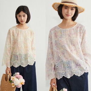 むら染めスカラップ刺繍長袖ラウンドネックブラウス