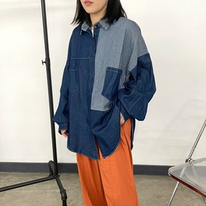 即納【2025新作】ストライプ切替デニムシャツ 長袖　切替　ゆったり　ワイド　羽織り　配色　秋　冬