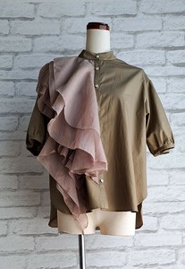 【晩夏初秋】オーガンジーフリルブラウス　半端袖　スタンド衿【日本製】