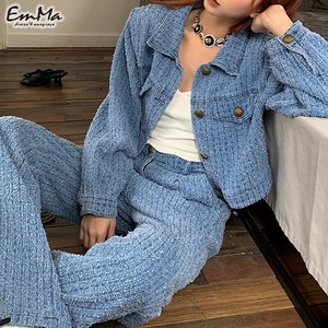セットアップ クロップドデニムジャケット ストレートパンツ ツーピース 春 秋   【2025新作】