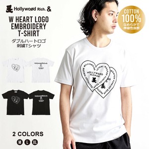 【売れ筋】Wハートロゴ半袖Tシャツ|クマ| 熊 |パイピングトップス| 綿100% |