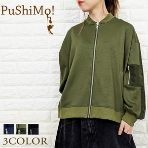 【PuShiMo!】　リブ使い袖配色ゆったりブルゾン　ファスナー開きショートMA-1風JK
