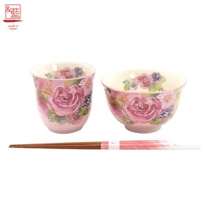 ＆藍●日本製 美濃焼 和食器 食器 陶器 ギフト ●花あわせ 飯碗湯吞 バラ(若狭塗り箸付) セラミック藍