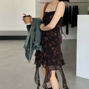u29028 ダークローズ デザイン 花柄 ワンピース ウエストマーク キャミソール ドレス レディース