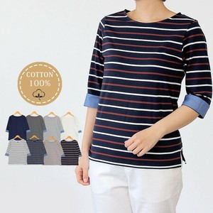 ［2025秋冬新作］★綿100％シャンブレー7分袖Tシャツ　2WAY　無地　ボーダー