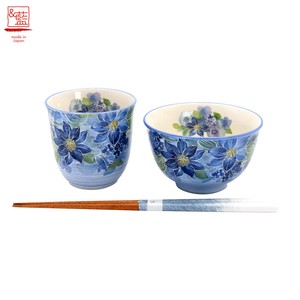 ＆藍●日本製 美濃焼 和食器 食器 陶器 ギフト ●花あわせ 飯碗湯吞 クレマチス(若狭塗り箸付)