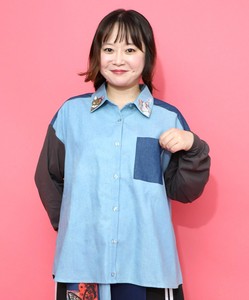ネコ刺繍襟シャンブレーシャツ