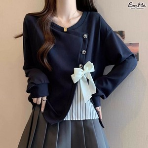 リボンスウェット フェイクツーピース アシメデザイン 長袖 ラウンドネック 春 秋 【2025AW】ONA2163