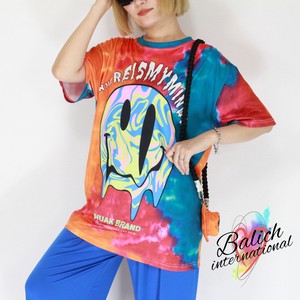 【2025年　新作　Tシャツ】マルチカラータイダイ柄崩れドリッピングスマイルTシャツ