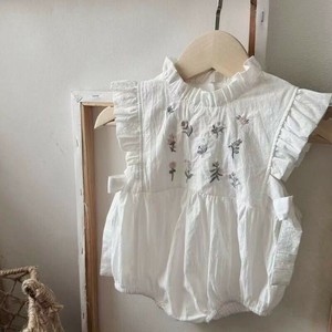 シャツ ボディスーツ ラウンドネック 刺繍 夏 ノースリーブ 無地 快適 乳幼児  MBQ3150