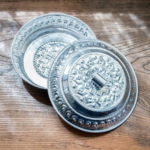 バリのエンボス 蓋付き小物入れ サービングトレイ 直径19cm程度