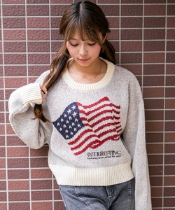 《アメリカフラッグジャガード×メランジ風》レディース　短丈ニット　トップス　秋冬