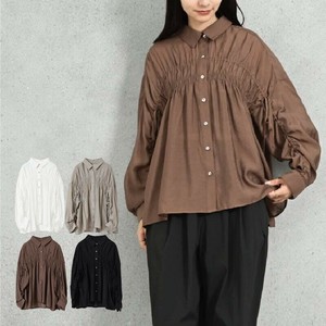 Button Shirt/Blouse Sheer Shirt Shirring Gathered Sleeves