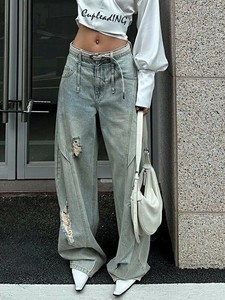 【定番商品】韓国ファッション ハイウエストデニムパンツ 破れデザイン ルーズフィット 2025春