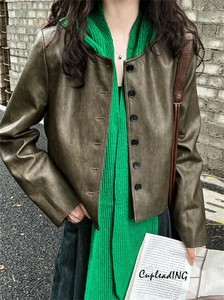 【定番商品】韓国ファッション すっきりラインのレトロ風PUジャケット　秋の上品着こなし