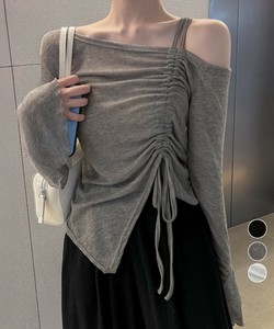 国内即納 ワンオフショルダーTシャツギャザー 長袖