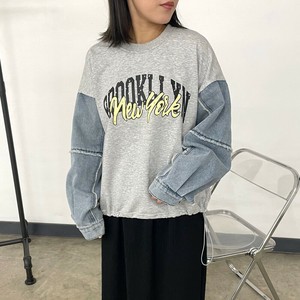 即納【2025新作】袖デニム切替ロゴプルオーバー　人気デザイン　トレーナー　ロゴT　ゆったり　ワイド