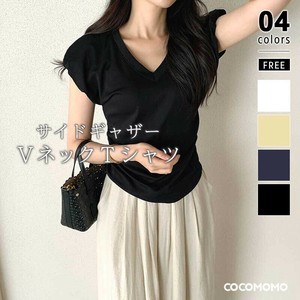 サイドギャザートップス パフスリーブ Tシャツ レディース vネック サイドギャザー カットソー トップ