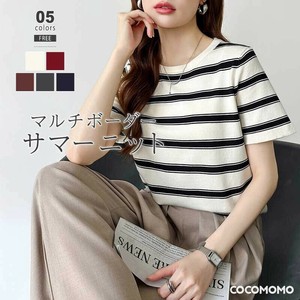 サマーニット ボーダーニット トップス夏 ボーダー 半袖 レディース ニット Tシャツ マルチボーダー