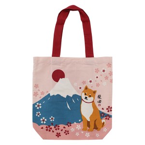 A4トートバッグ　内ポケット付き　はなのふじしばた　富士山　桜　柴犬　イヌ　ピンク　38×39