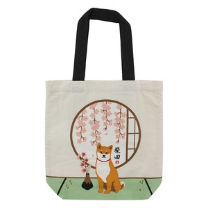 A4トートバッグ　内ポケット付き　おざしきしばた　桜　畳　和室　柴犬　イヌ　アイボリー　38×39