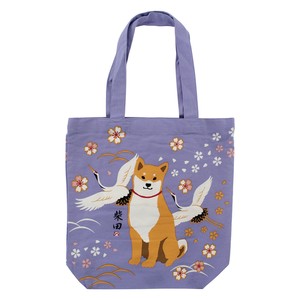 A4トートバッグ　内ポケット付き　ひかくもんしばた　桜　鶴　ツル　柴犬　イヌ　パープル　38×39