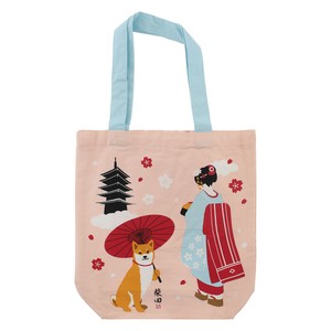 A4トートバッグ　内ポケット付き　さくらまいこしばた　桜　舞子　五重塔　番傘　柴犬　ピンク　38×39