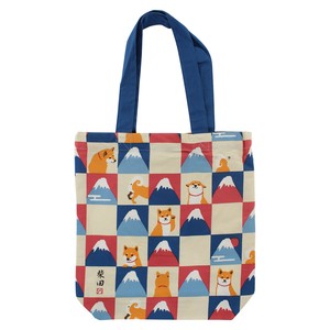 A4トートバッグ　内ポケット付き　こばふじしばた　富士山　柴犬　市松模様　ベージュ　38×39