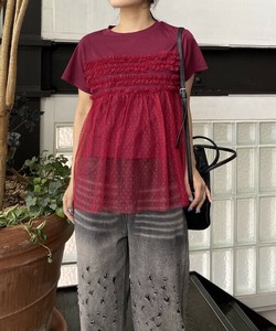 【2025春夏新作】ダンダダンチュールPO ドット柄チュールドッキング半袖トップス