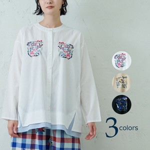 ハッピープライス！【レイヤード風シャツチュニック】emago イマゴ 薄手 植物 花 刺繍 重ね着