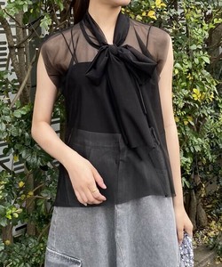 甘さ攻略のリボンチュBL ボウタイシアーチュールノースリーブブラウス レディース