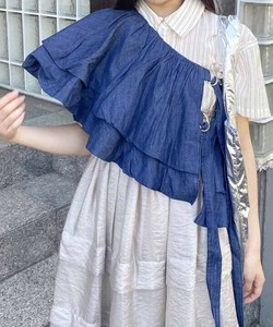 変化を堪能デニム付け衿 フリルバルーンシルエットデニム付け衿