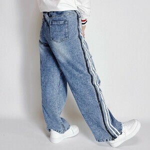 パンツ　デニムパンツ　サイドレース切替 ファスナー　2本ライン　ウエストゴム