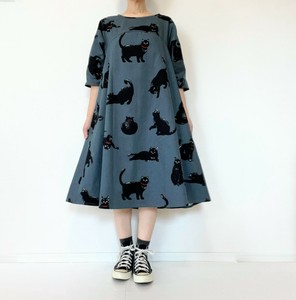 【handmade】Black Cat one-piece dress cotton short sleeve　　Blue